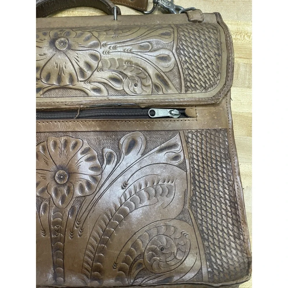 Vintage American West Tooled Leather Briefcase Messenger Laptop Bag Brown USA